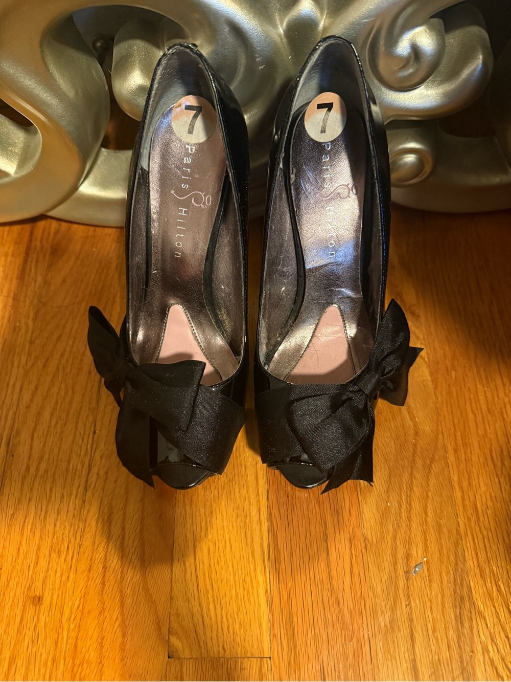 Paris Hilton Black Satin Peep-Toe Pumps with Bow